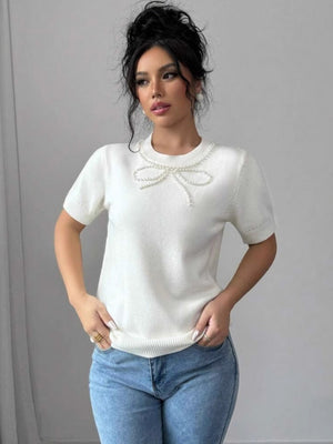 Liber Summer Women's Solid Color Pearl Bow pattern Sweaters