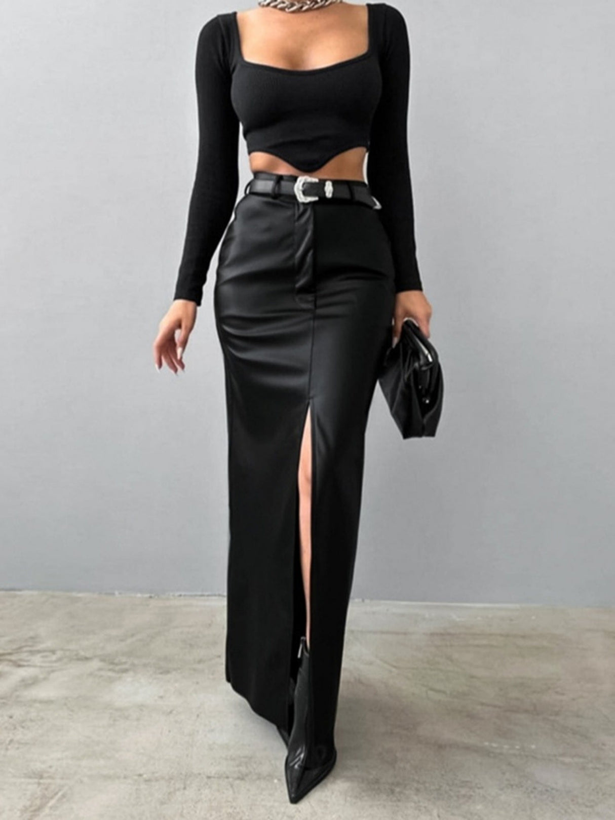 Leather Stitching High-waisted Slim Fit Hip Body Slit Long Skirts