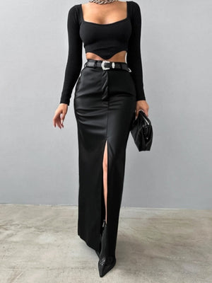 Leather Stitching High-waisted Slim Fit Hip Body Slit Long Skirts