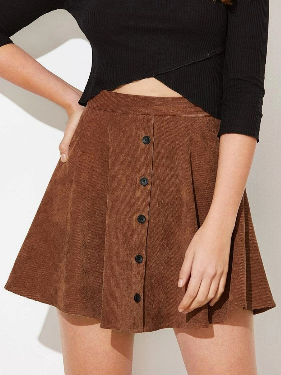Solid Color Corduroy Single-breasted Buttons High Waist Skirts