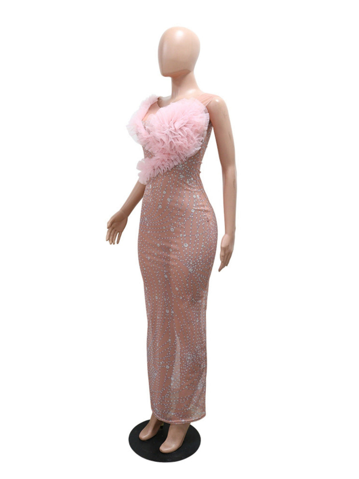 Robe de soirée maxi moulante à dos nu transparent ornée de strass scintillants et de fleurs 3D, col rond.