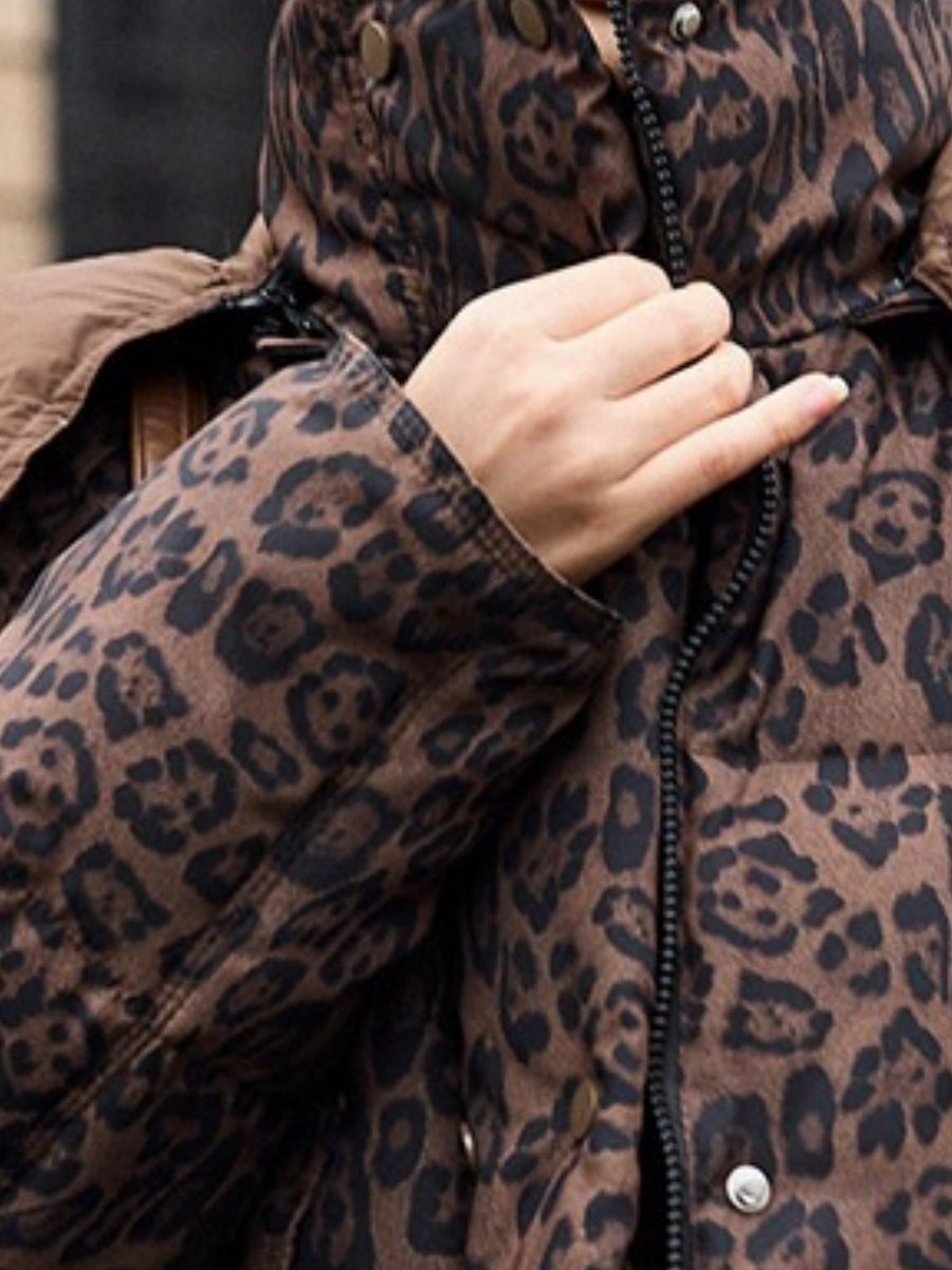 Detachable Pocket Leopard Bread Loose Short Hooded Zippered Cotton Jacket
