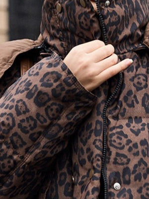 Detachable Pocket Leopard Bread Loose Short Hooded Zippered Cotton Jacket
