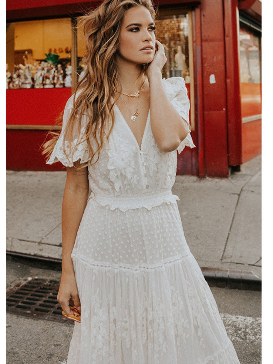 V-neck Short Sleeve Lace Gauze Solid Color Maxi Dresses