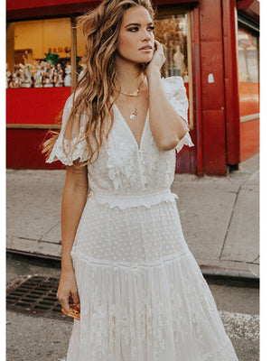 V-neck Short Sleeve Lace Gauze Solid Color Maxi Dresses