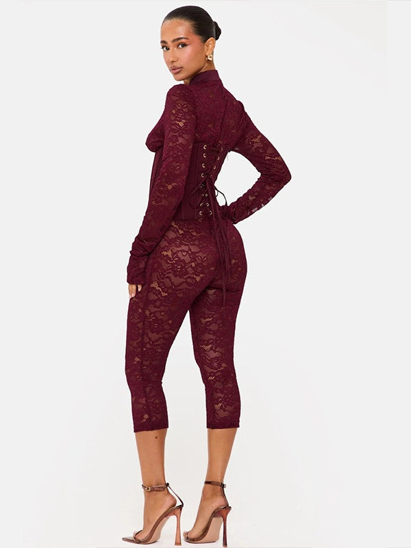 Lace-trimmed Cheongsam-style Fitted Bodycon Jumpsuit