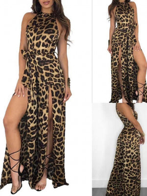 Leopard Print Slit Sleeveless Tie Long Jumpsuit