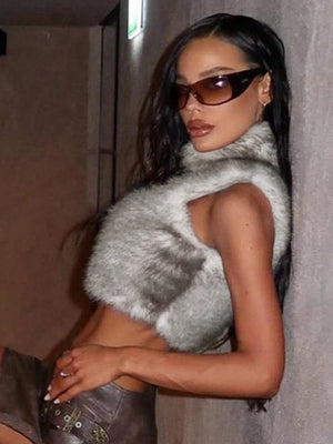 Turtleneck Furry Patchwork Zipper Vest Top