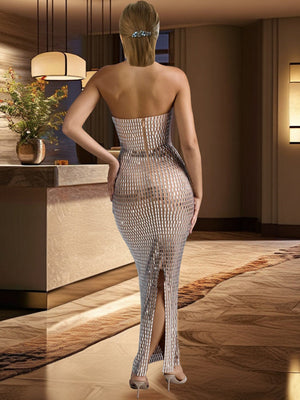 Strapless Rhinestone Hip-hugging Mesh Sequins Dinner Cocktail Maxi Dress