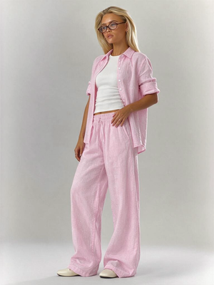 Solid Color Shirt And Trousers Set, Long-sleeved Shirt And Loose Trousers, Two-piece Set