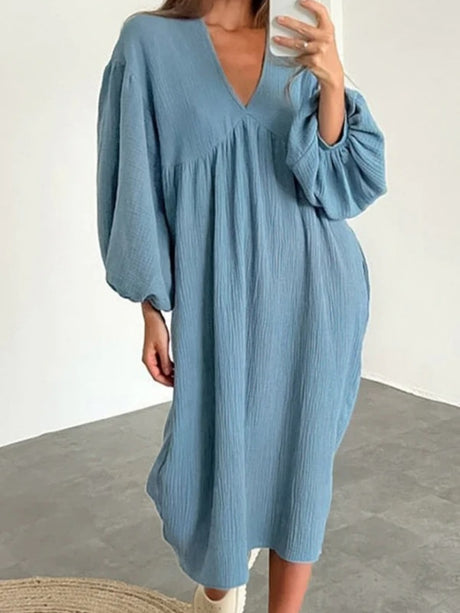 Cotton Blend Temperament V-neck Long Sleeve Loose-fit Home Vacation Mini&Short Dresses