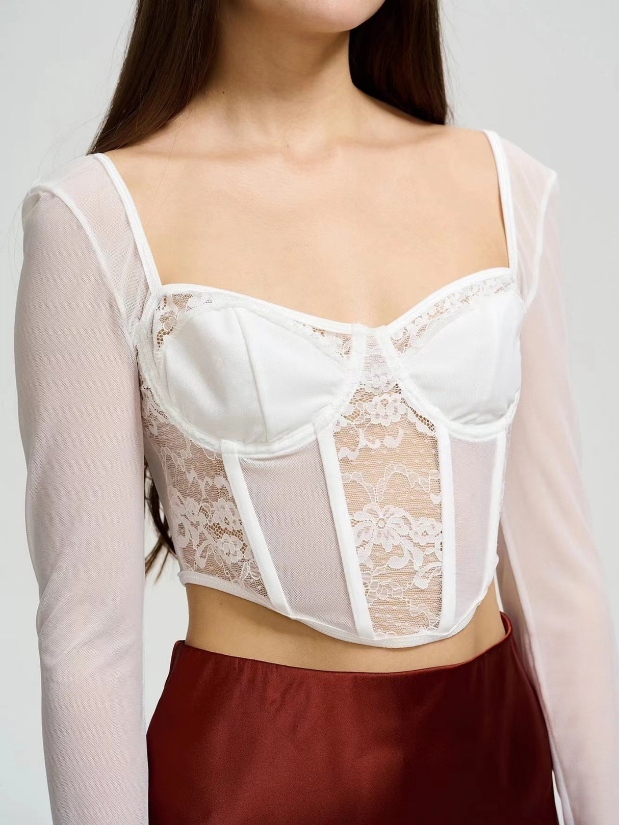 Lace See-through Herringbone Collar Spliced Long Sleeve Tops