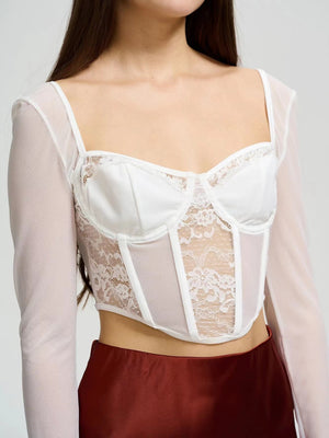 Lace See-through Herringbone Collar Spliced Long Sleeve Tops