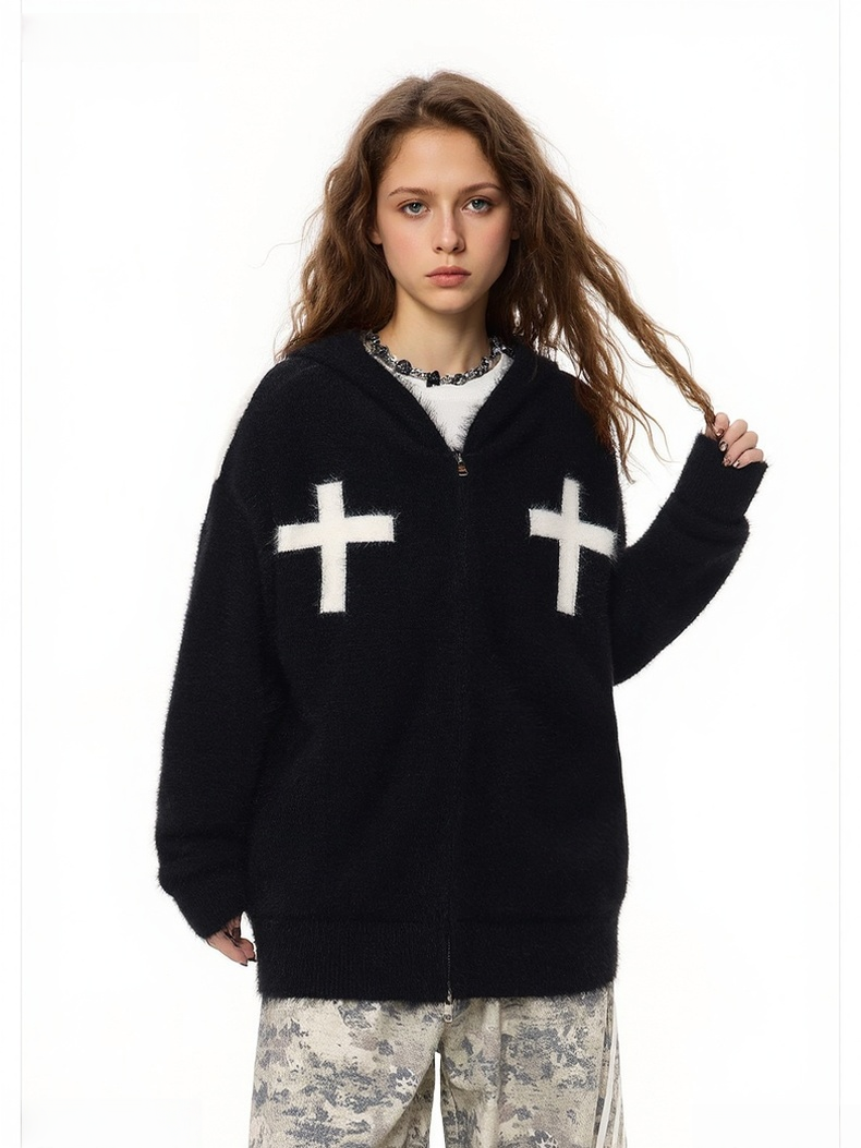 Retro Mohair Loose Zipper Hooded Cardigans