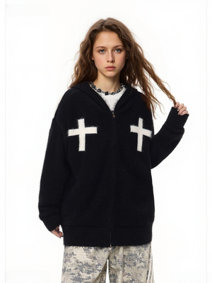 Retro Mohair Loose Zipper Hooded Cardigans