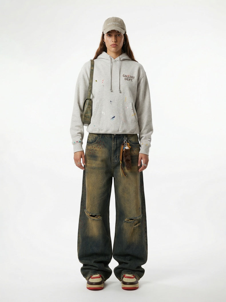 Retro Dirty Hole Red Diamond Distressed Jeans