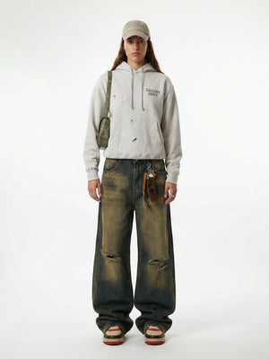 Retro Dirty Hole Red Diamond Distressed Jeans