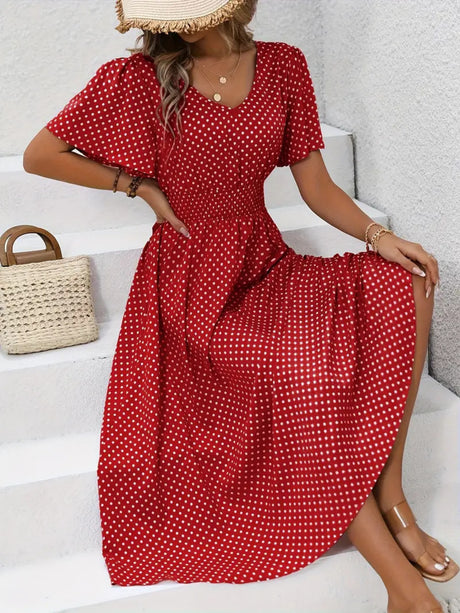 Polka Dots V-neck Waist Shaping Short Sleeves Maxi Dresses