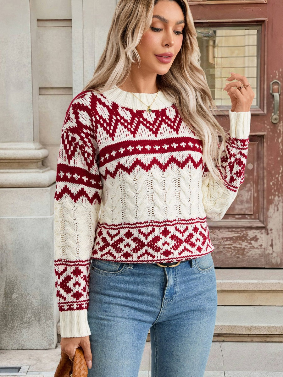 Ethnic Style Pullover Knitwear Keep Warm Crew Neck Christmas Sweater