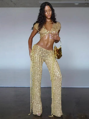 Sexy And Sexy Two-piece Sequined Openwork Set
