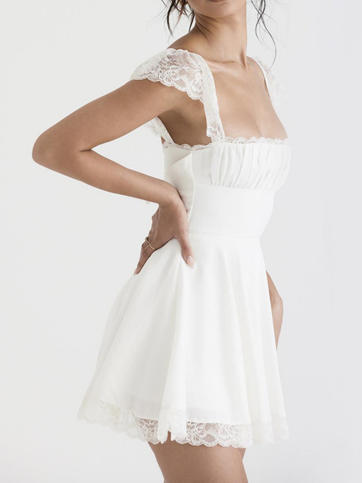 Lace Trim Square Neck Suspenders Slim-fit Backless Sweet Mini&Short Dresses