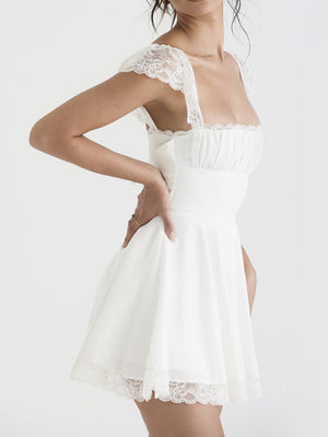 Lace Trim Square Neck Suspenders Slim-fit Backless Sweet Mini&Short Dresses