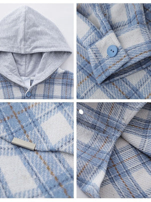 Tweed Sanding Plaid Splicing Contrasting Colors Fake Two Pieces Hooded Long-sleeved Shirt