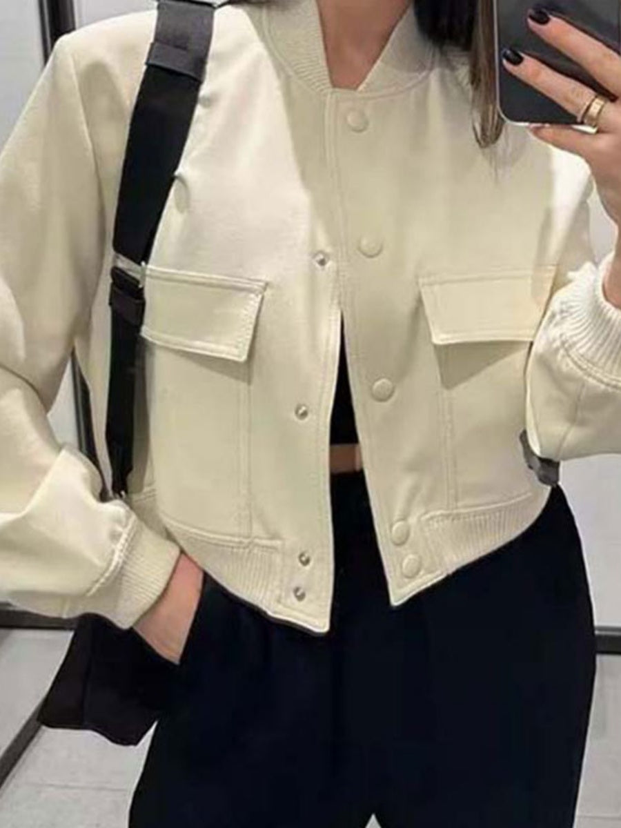 Liber Autumn Women's Pocket Solid Color Short Pocket Jackets