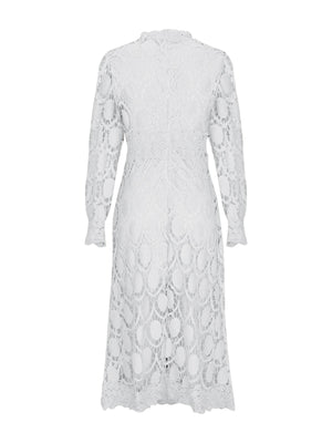 Hollow-out Long-sleeved Stand-up Collar Short Dress With Lace Trim