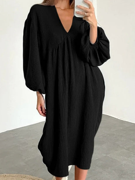Cotton Blend Temperament V-neck Long Sleeve Loose-fit Home Vacation Mini&Short Dresses