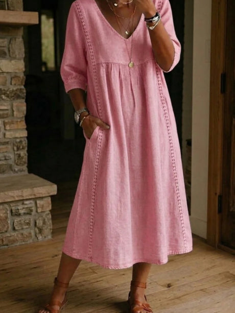 Lace Trim Linen Cotton V-neck Maxi Dresses
