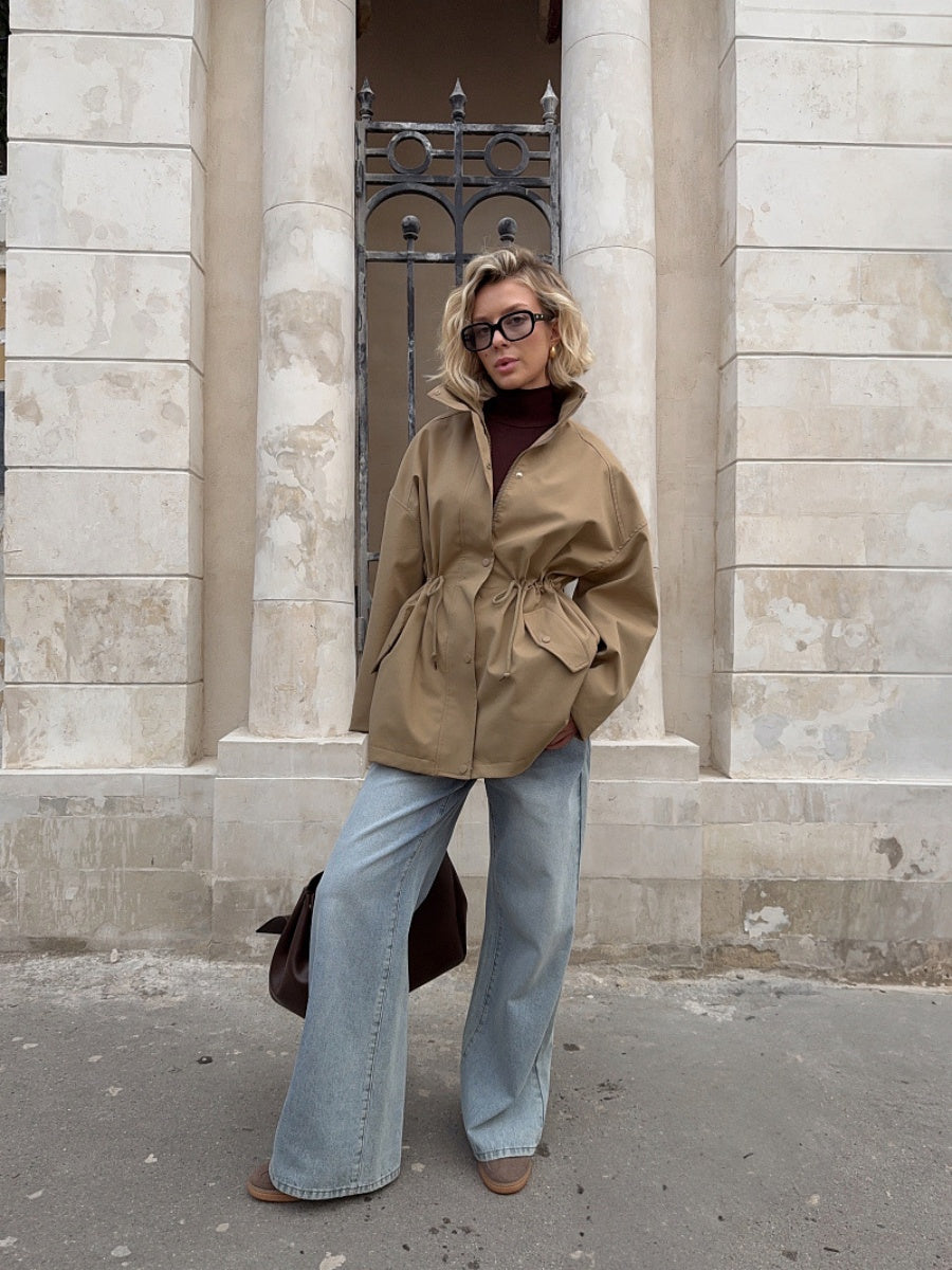 Stand-up Collar Mid-length Drawstring Waist Pure Cotton Trench Coat