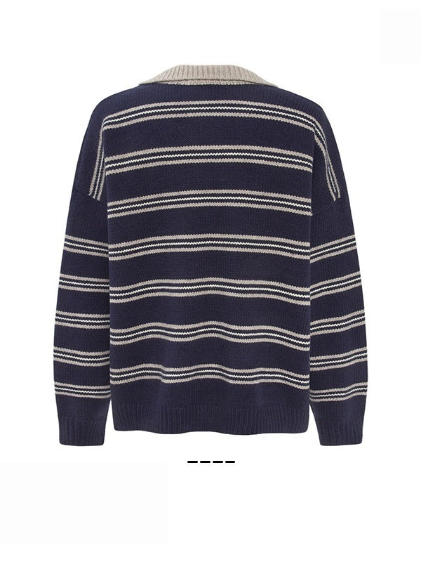 Stripes Contrasting Colors Polo Collar Loose Sweaters