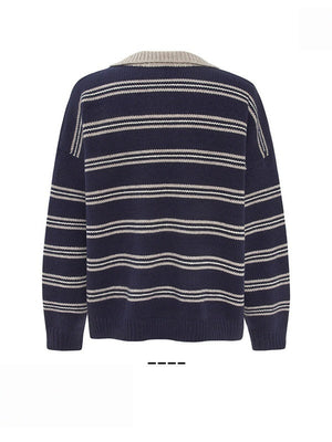 Stripes Contrasting Colors Polo Collar Loose Sweaters