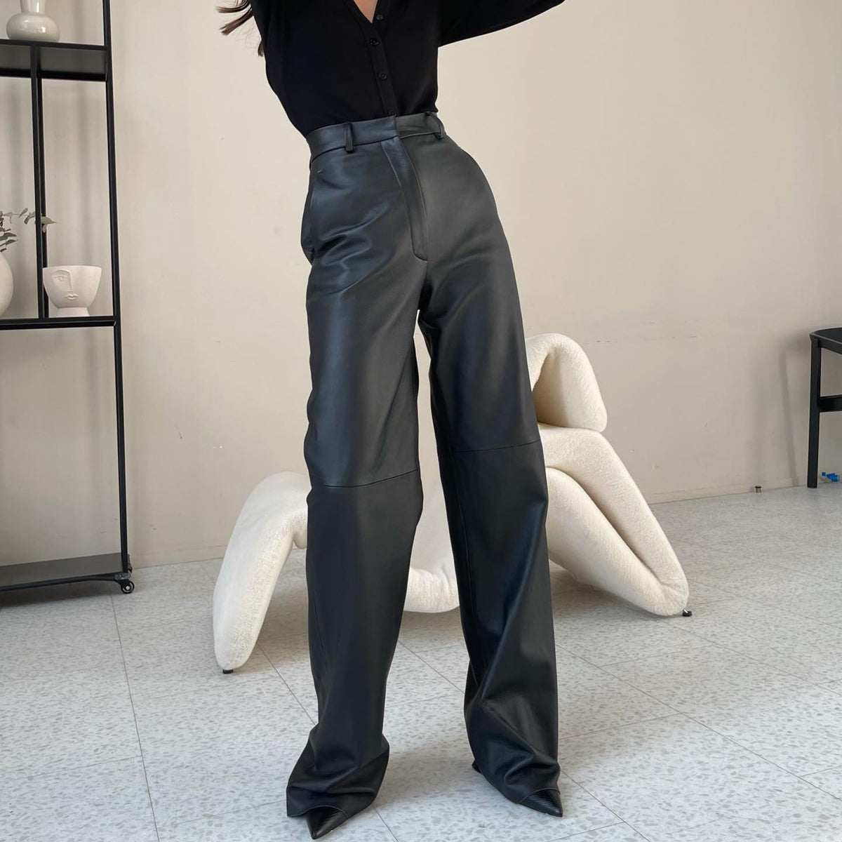 Autumn Fashion PU Leather Mid-High Waist Hip-Lift Straight Leg Women's Pants