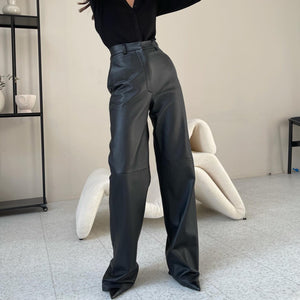 Autumn Fashion PU Leather Mid-High Waist Hip-Lift Straight Leg Women's Pants