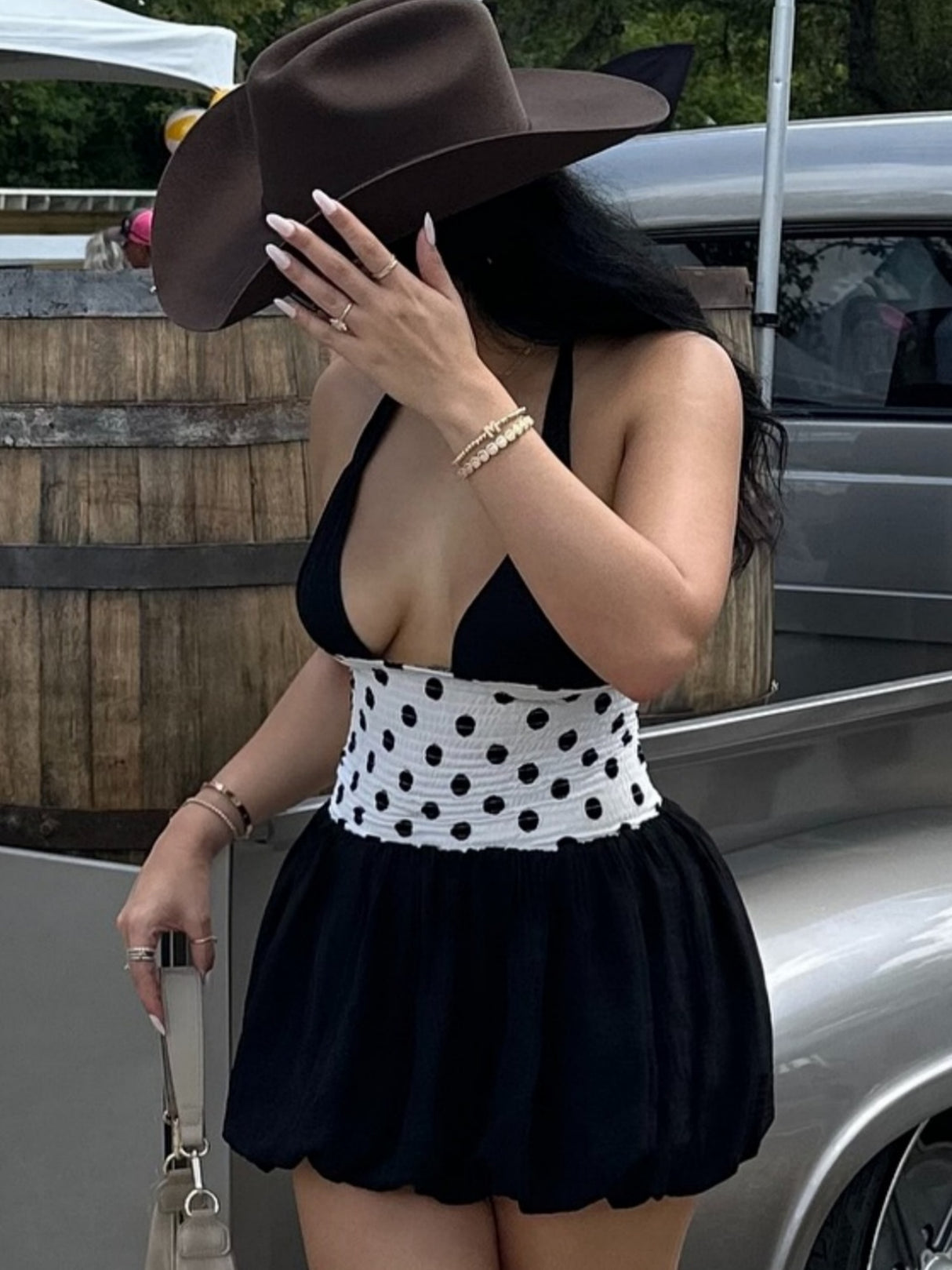 Polka Dots Pleated Waist Halter-neck Sleeveless Mini&Short Dresses
