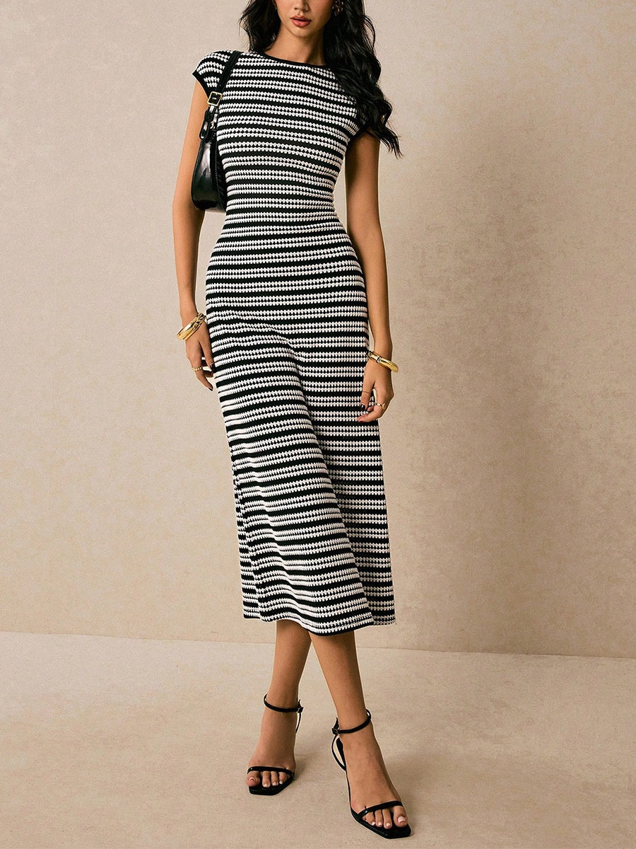 Stripes Knitting Sleeveless Slim Fit Midi Dresses