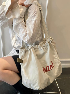 Letter Print Large Capacity Lightweight Drawstring Shoulder Bag