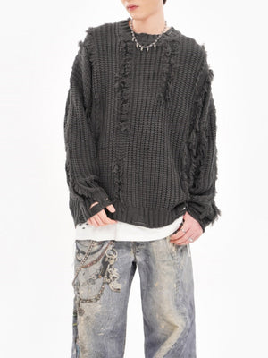 Mahua Hole Raw Edges All-match Crew Neck Sweater