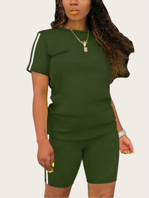 Casual Sporty Color-blocked Striped Short-sleeved Top And Shorts Two-piece Set