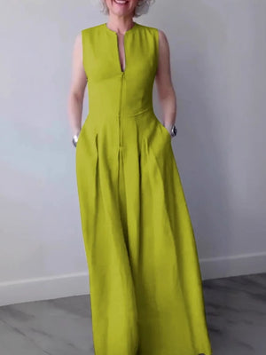High-waisted Solid Color Sleeveless Zipper Long Dress