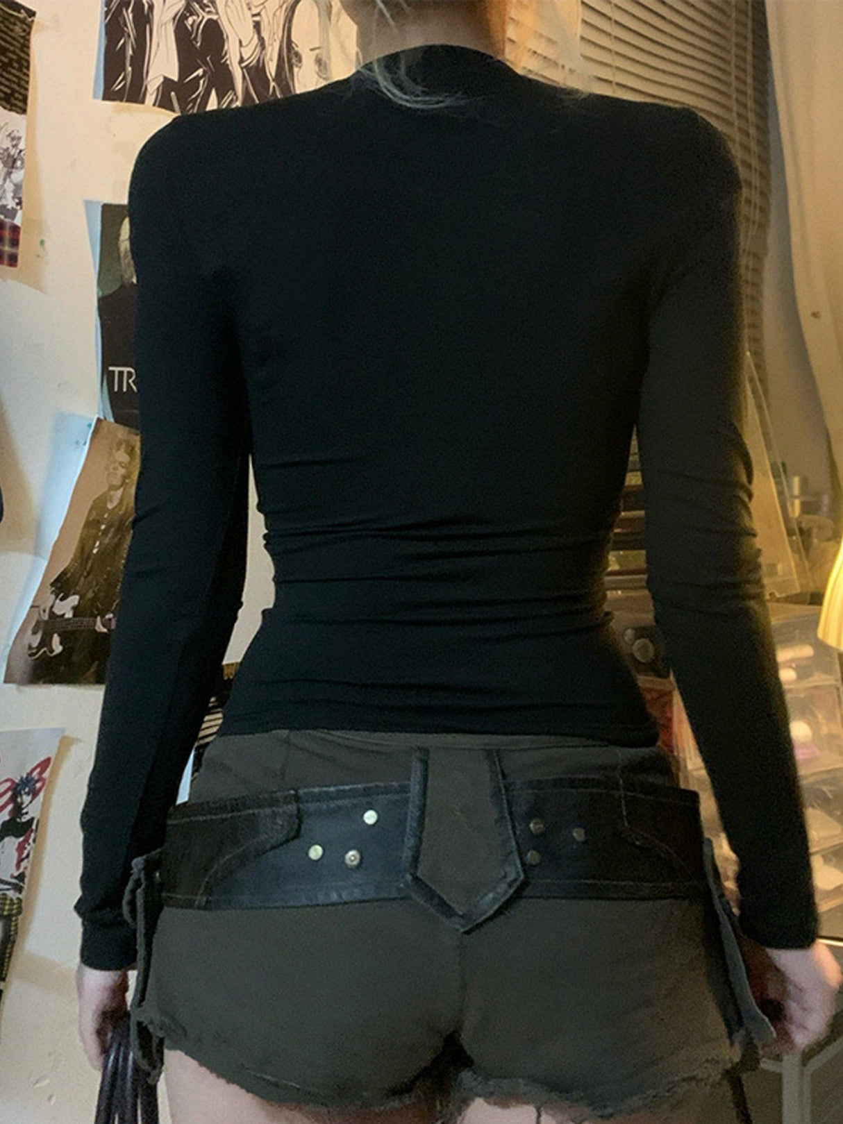 Y2K Hollow Out Perspective Grid Splicing Long-sleeved T-shirt