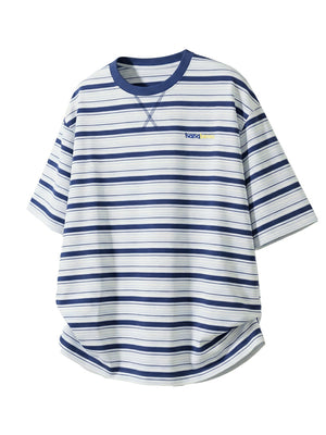 Color-blocked Stripes Letter Applique T-shirts