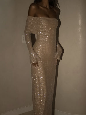 Paillettenbesetztes Bodycon-Kleid, schulterfreies Maxikleid