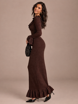 U-neck French Long-sleeved Simple Ruffled Knit Maxi Dress