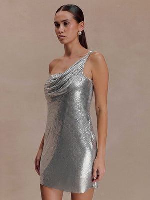 Gathering Glossy Asymmetrical Neckline, One Shoulder Sleeveless Mini&Short Dresses