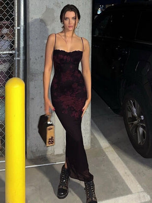 【SHIP AS USUAL】Suspenders Trim Hip-hugging Lace Maxi Dresses