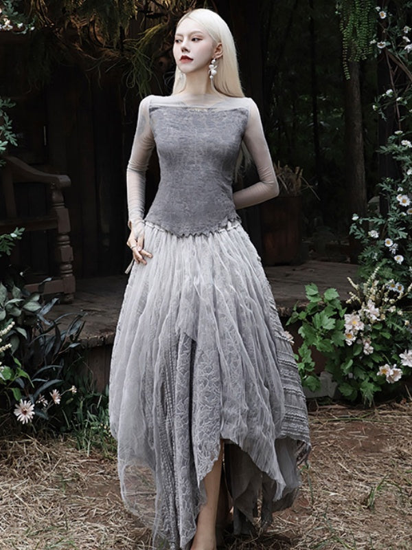 Textured Wool Knit Base Layer With Lace Sleeves