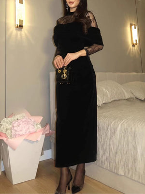 Black Velvet Shawl Fitted Lace Long Dress